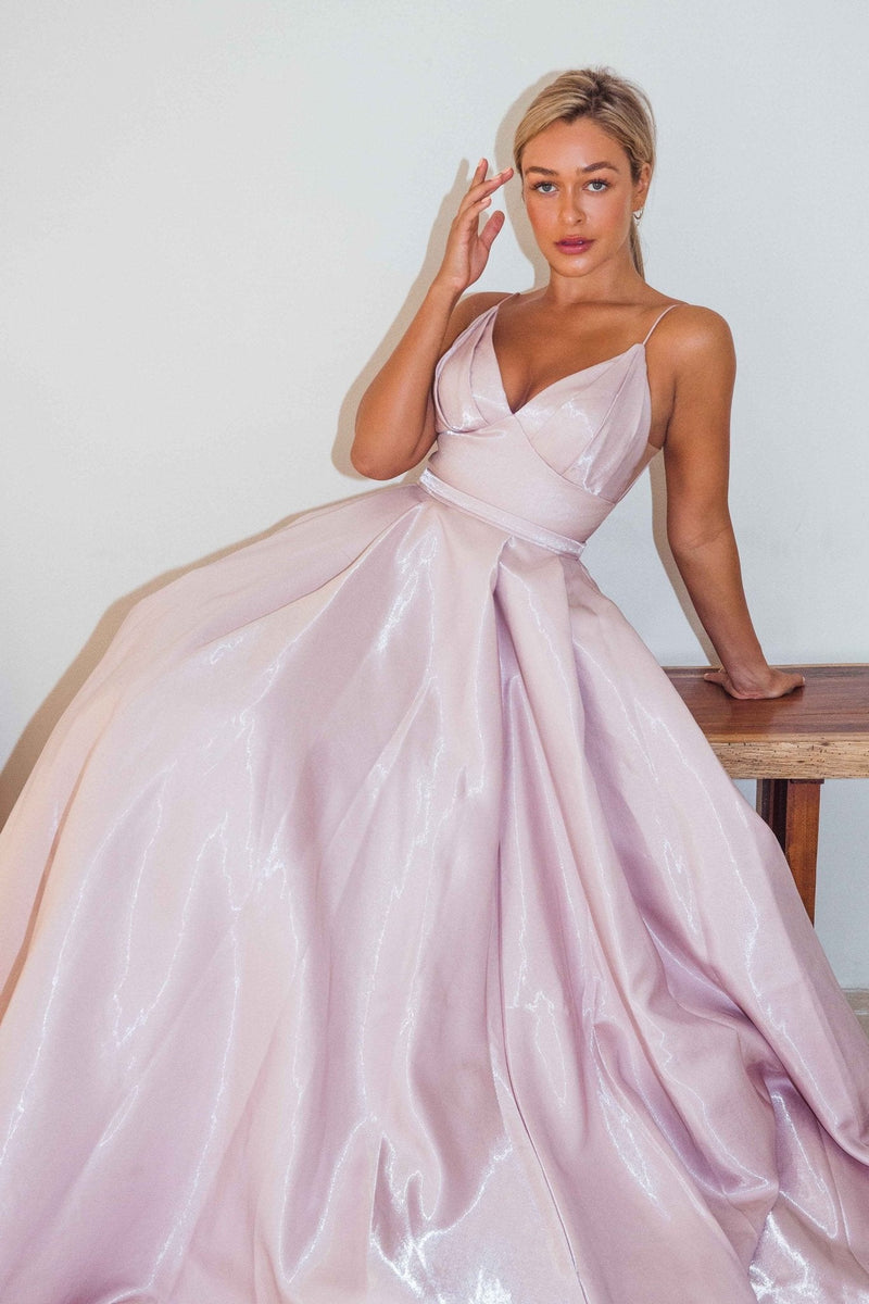 Leia Shimmer Satin Prom Gown Sample Sale Sentani Boutique