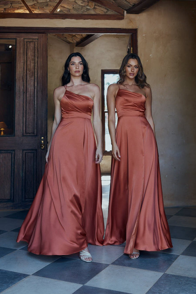 Carina Satin One-Shoulder Bridesmaid Dress – TO2326 Nougat by Tania Olsen Designs