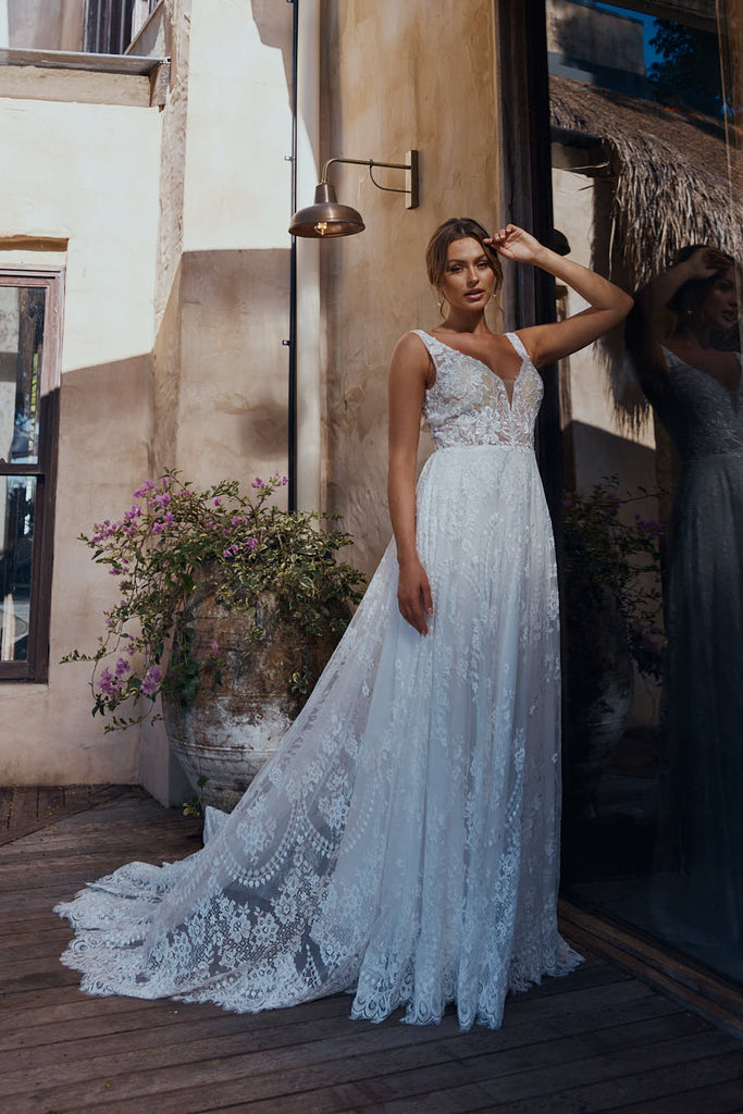 Calypso Sheer Chantilly Lace Wedding Dress – TC2344 by Tania Olsen Designs