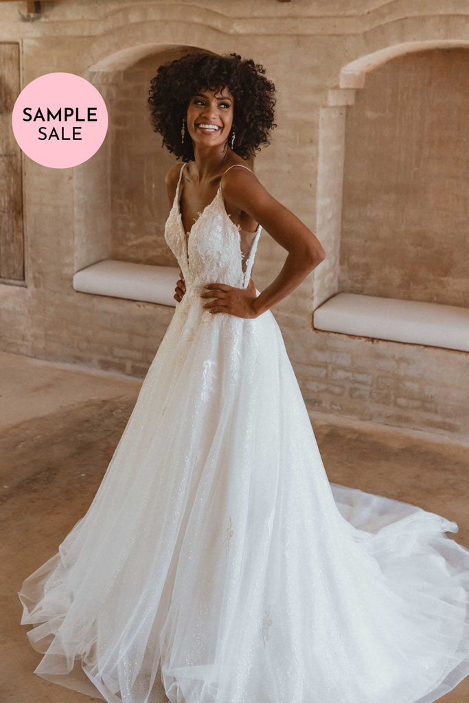 Jasper Plunging Glitter Tulle Wedding Dress – Sample Sale by Tania Olsen Designs