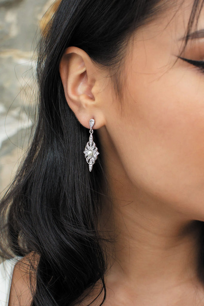 Antoinette Art Deco Pearl Earrings - Silver