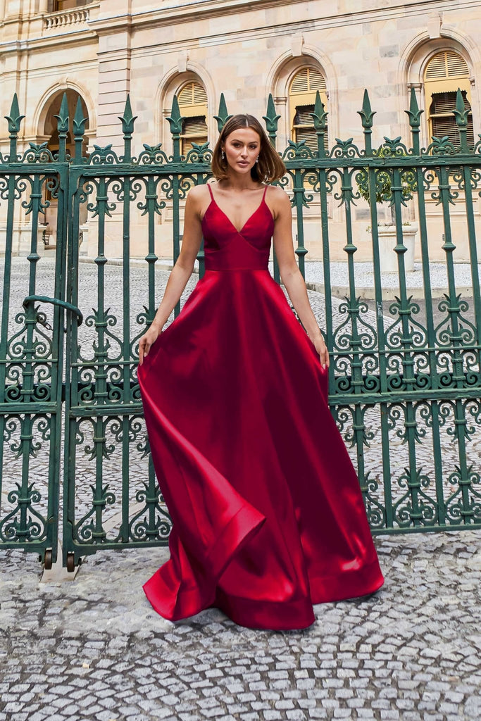 Ayla Satin A-line Debutante Dress – PO940 Red by Tania Olsen Designs
