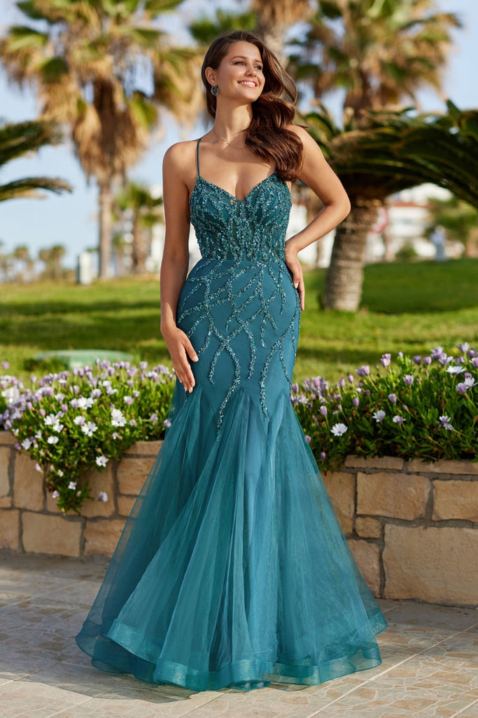 Beaded Tulle Godet Mermaid Prom Dress - 0801