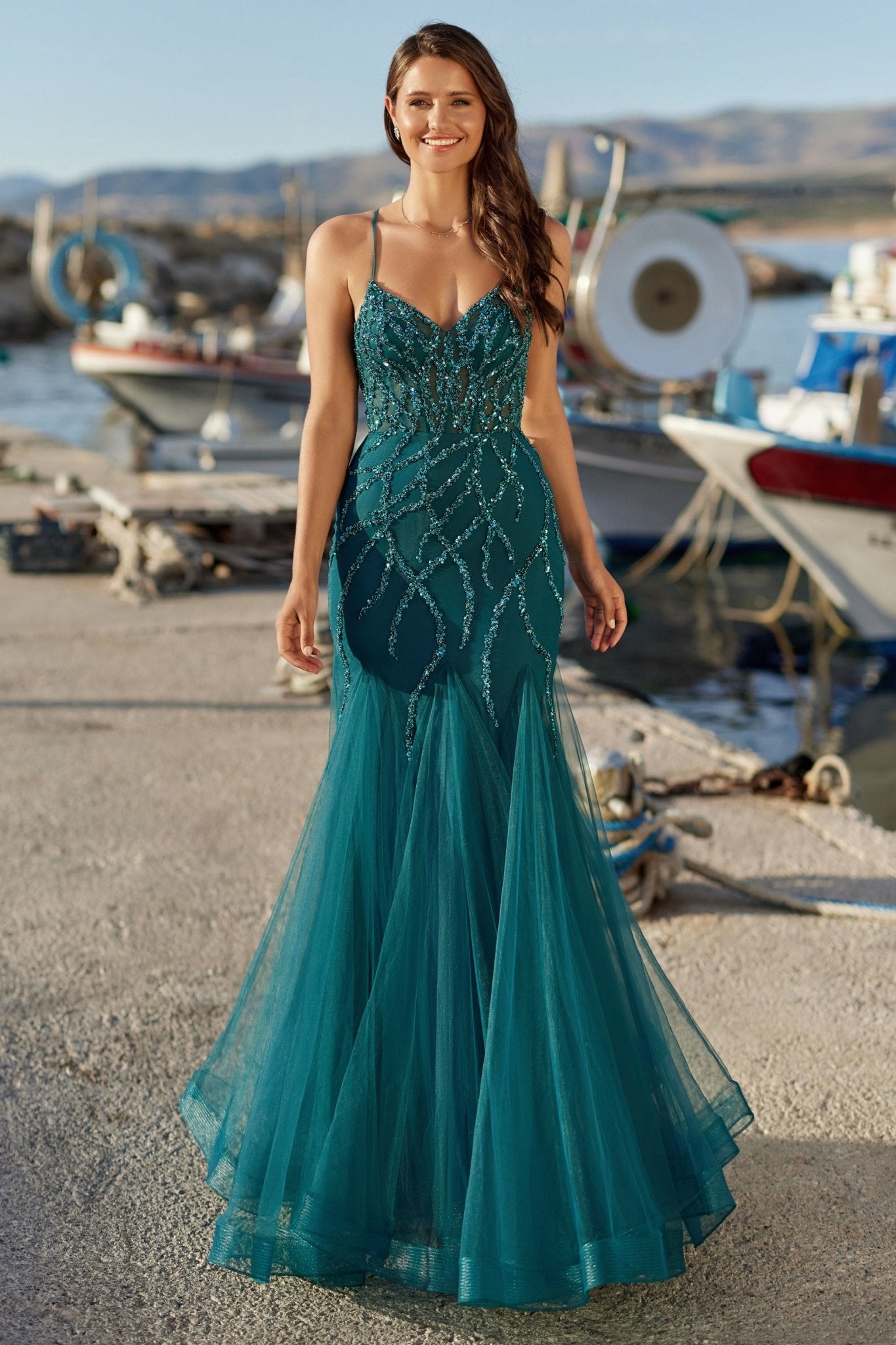 Green Sweep Train V-neck Mermaid Long Lace Up Prom Dress With Sleeves –  Bohogown