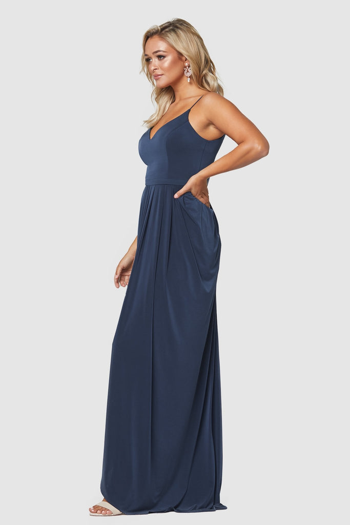 Claire V Neck Jersey Bridesmaid Dress - TO801 Dusty Indigo