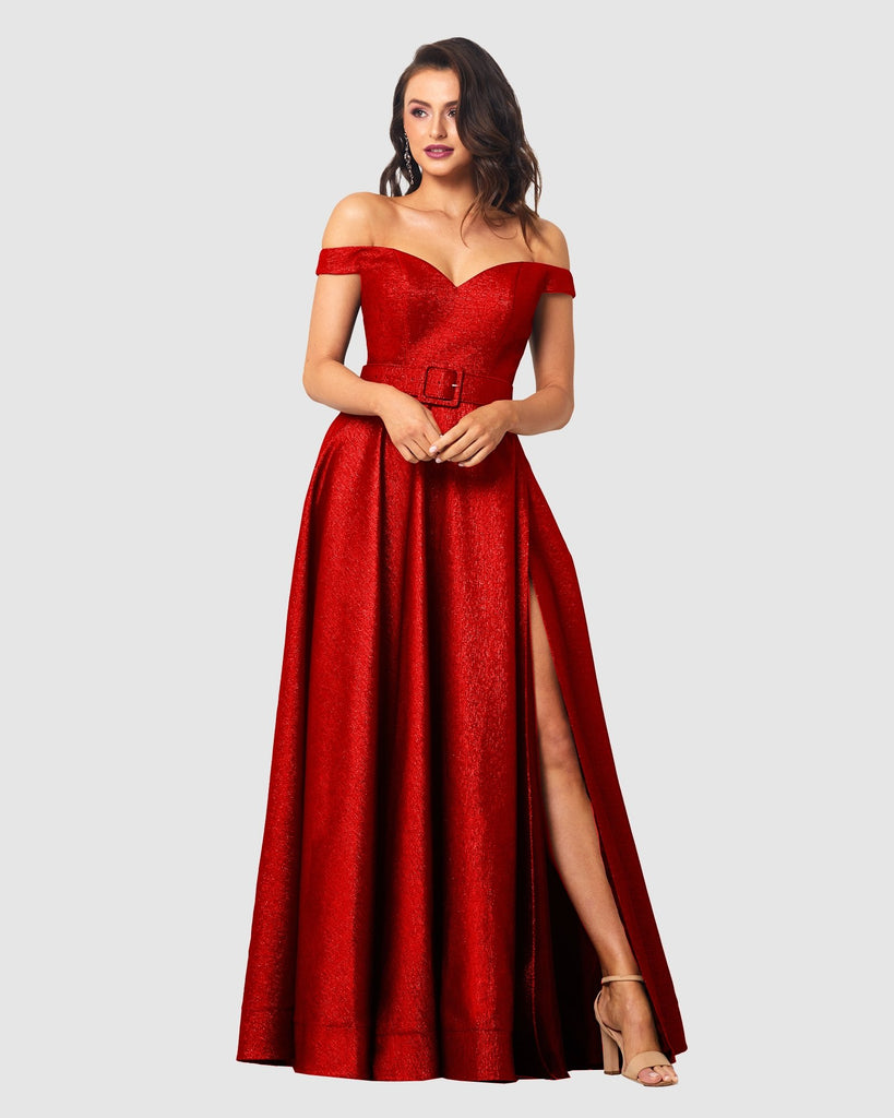 Clover Strapless Metallic Formal Dress – PO877 Red by Tania Olsen Designs