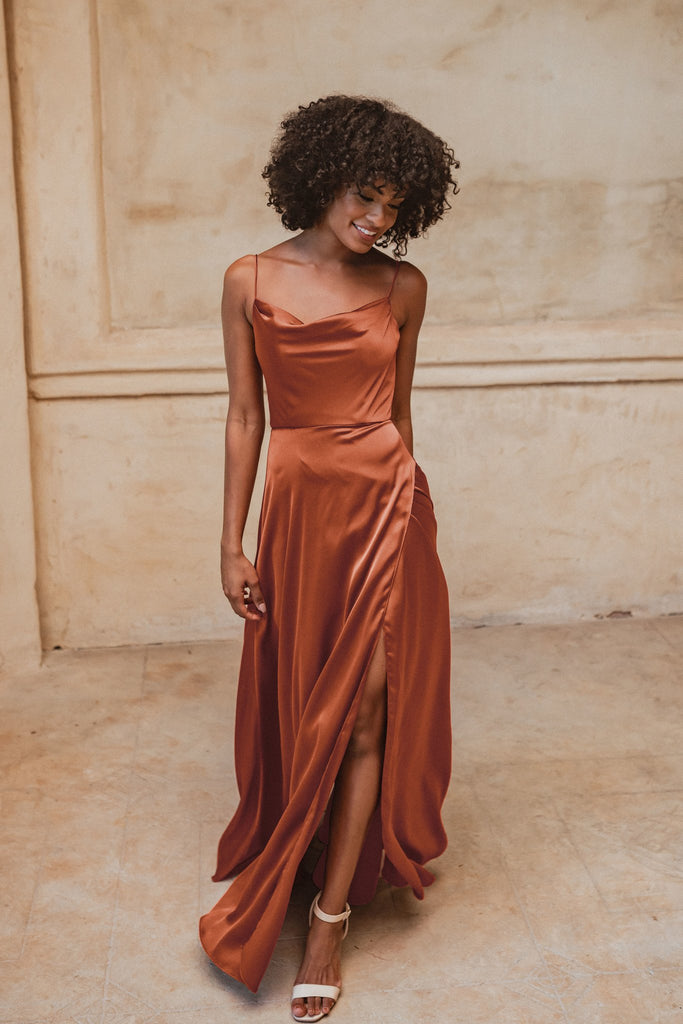 Denver Cowl Satin Bridesmaids Dress – TO877 Terracotta