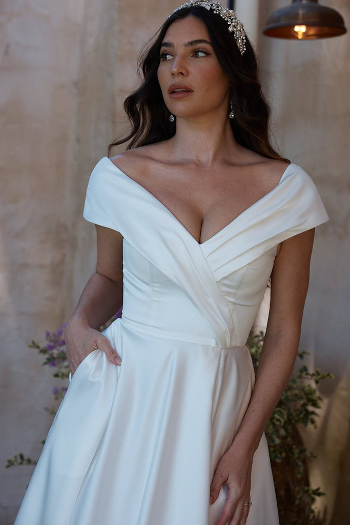 Diana Pleated Off-Shoulder Wedding Dress – TC2328 by Tania Olsen Designs