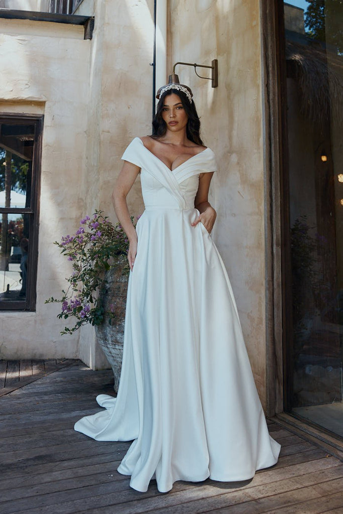 Diana Pleated Off-Shoulder Wedding Dress – TC2328 by Tania Olsen Designs
