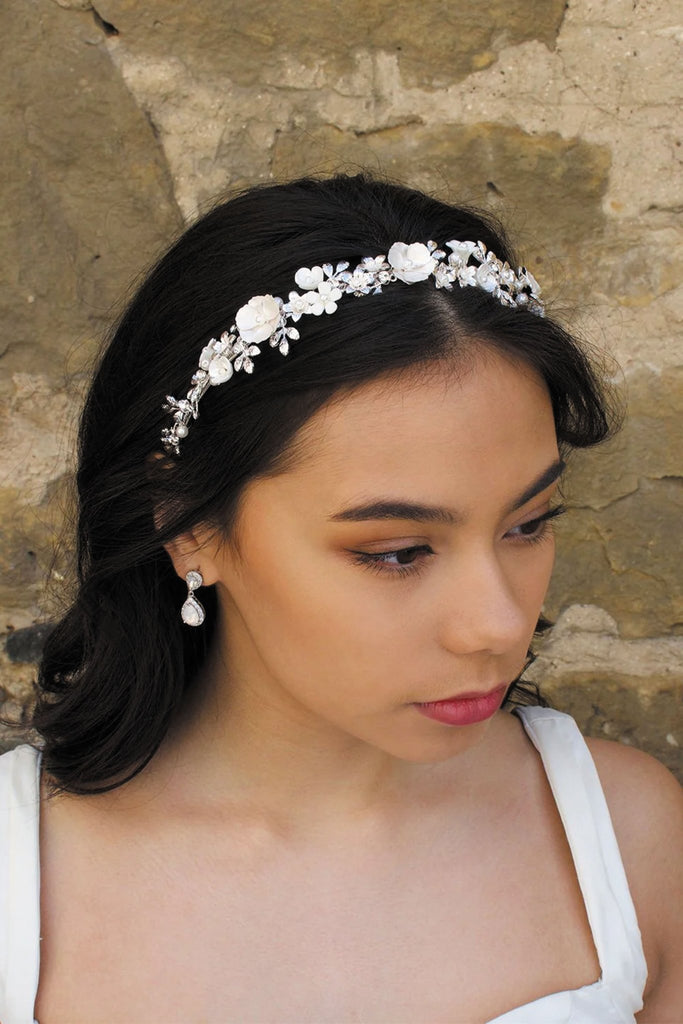 Elodie Ceramic Floral Bridal Headband - Silver