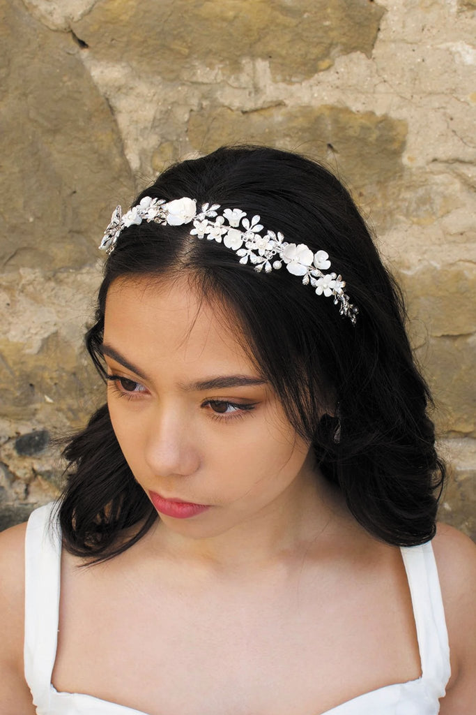 Elodie Ceramic Floral Bridal Headband - Silver