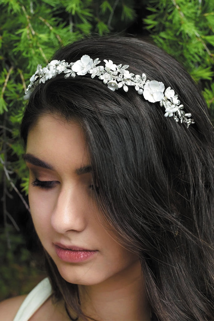 Elodie Ceramic Floral Bridal Headband - Silver