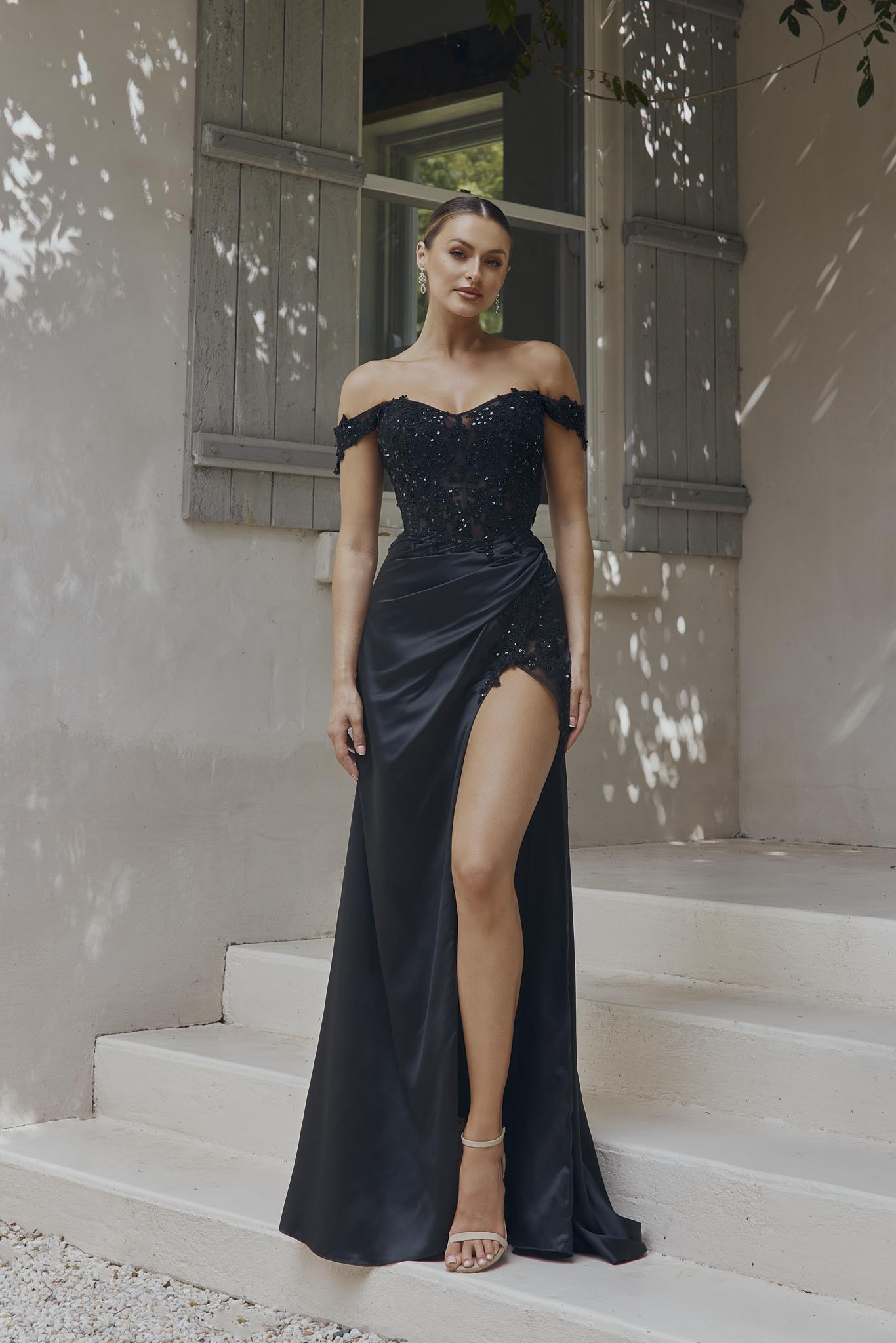 grey silver formal dresses VARSHA Off Shoulder Satin Dress - Timeless Elegance main image 1