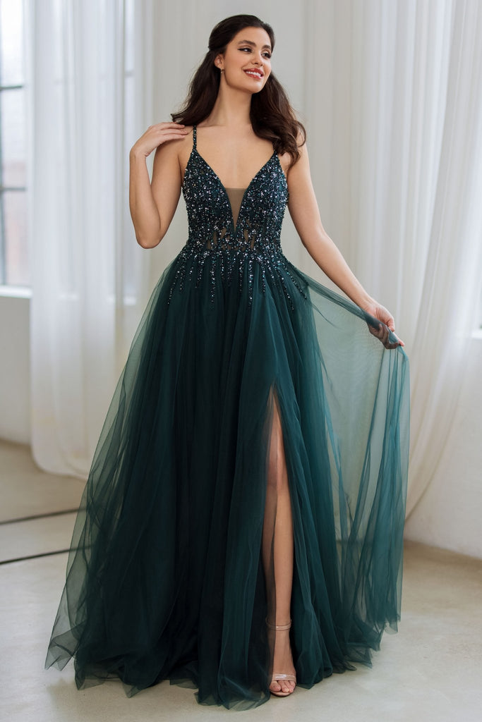 Embellished Tulle Crossover Back Formal Dress - 0682