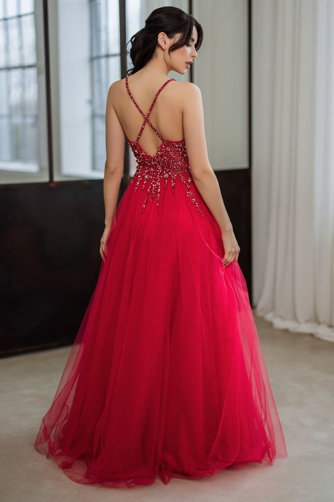 Embellished Tulle Crossover Back Formal Dress - 0682