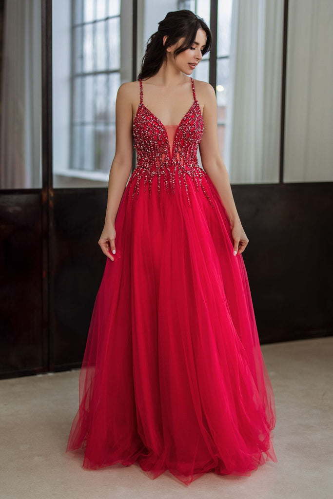 Embellished Tulle Crossover Back Formal Dress - 0682