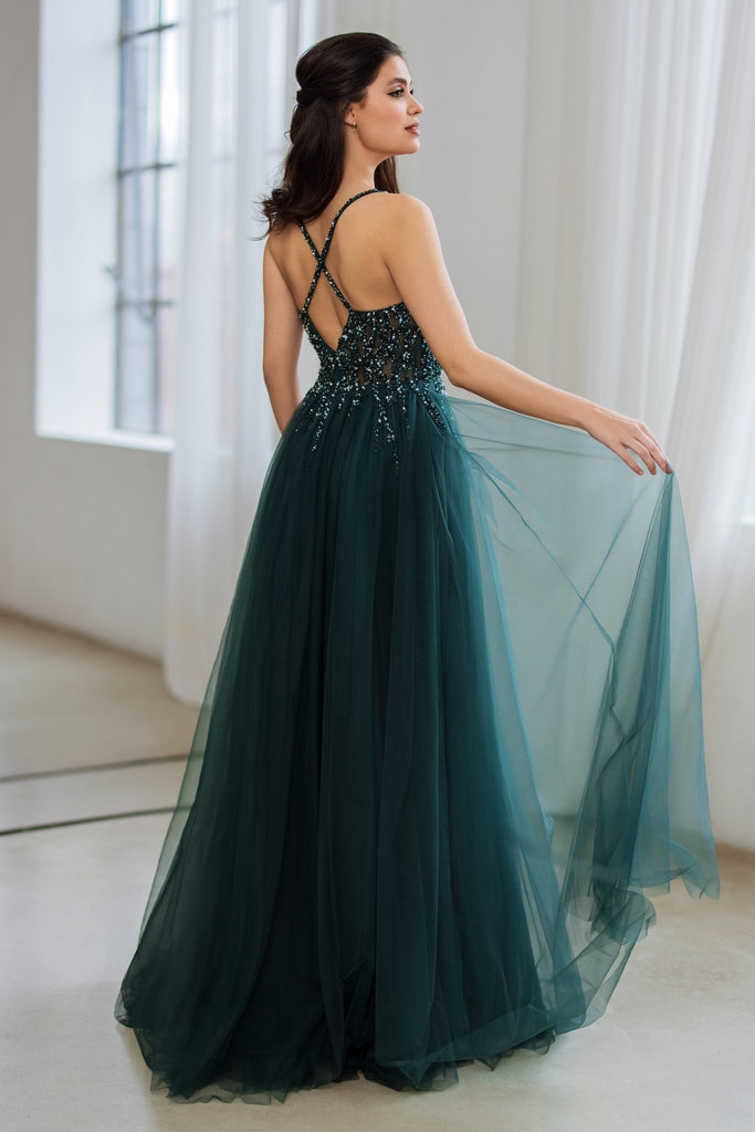 Embellished Tulle Crossover Back Formal Dress - 0682