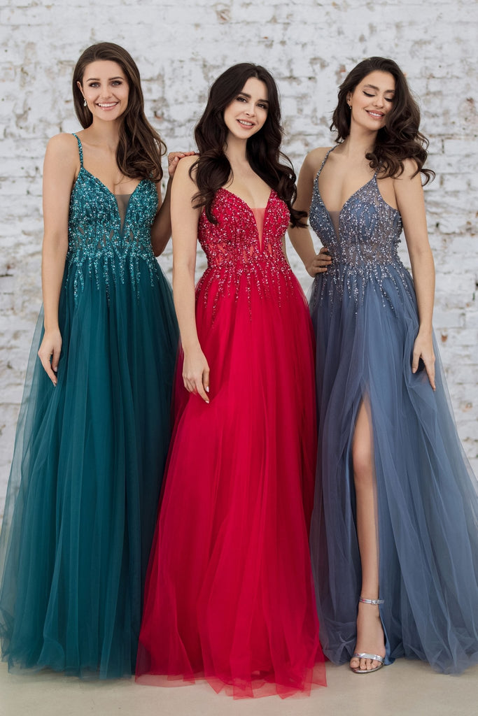 Embellished Tulle Crossover Back Formal Dress - 0682