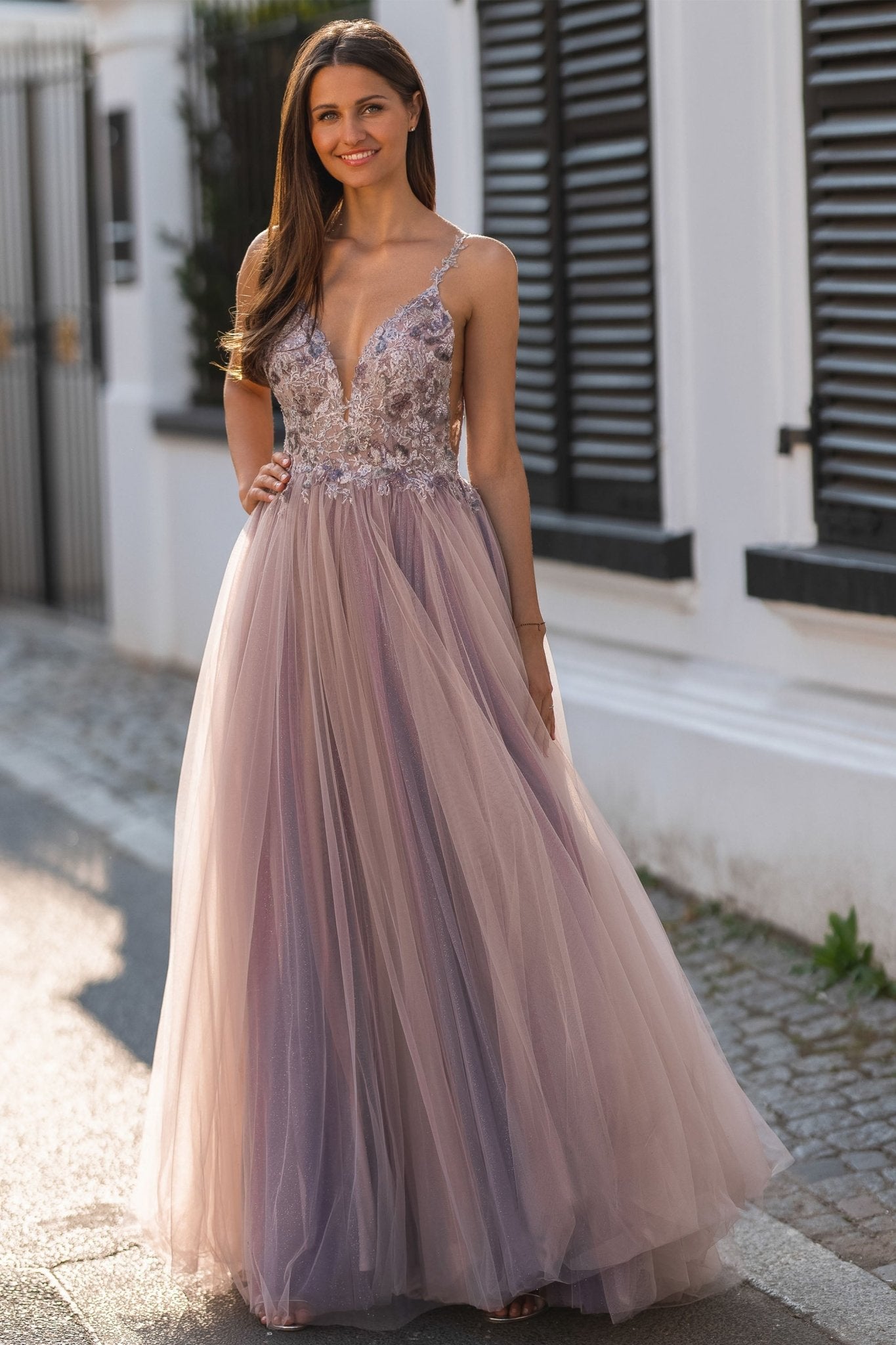 Gold Lace Royal Blue Velvet Sleeved Slit Prom Gown - Xdressy