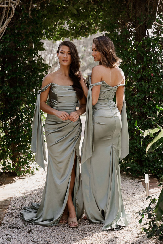 Esme off-shoulder satin ribbon Bridesmaid Dress - TO901 Emerald