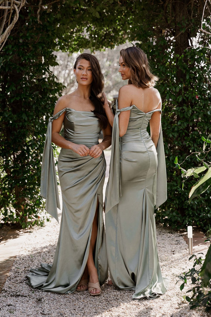 Esme off-shoulder satin ribbon Bridesmaid Dress - TO901 Olive