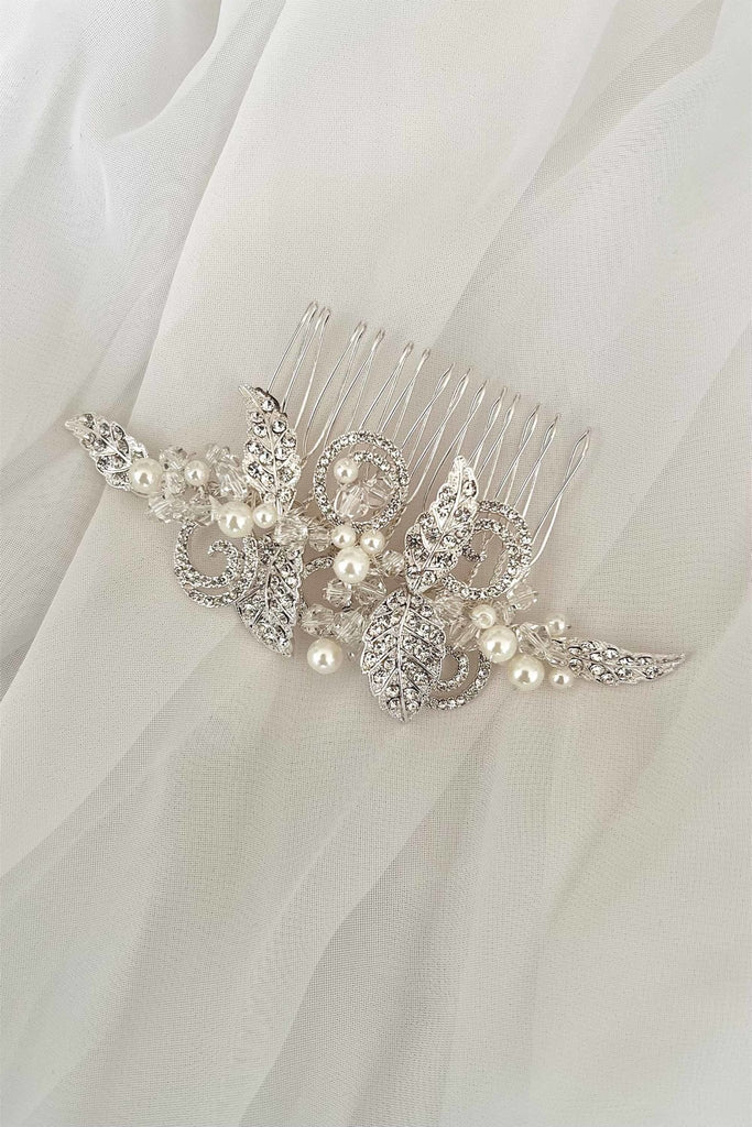 Floriane Crystal Pearl Bridal Hair Comb - Silver