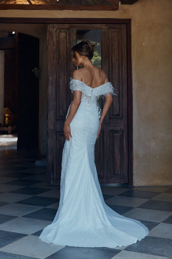 Francesca Off-Shoulder Feather Flared Wedding Dress – TC2336 by Tania Olsen Designs