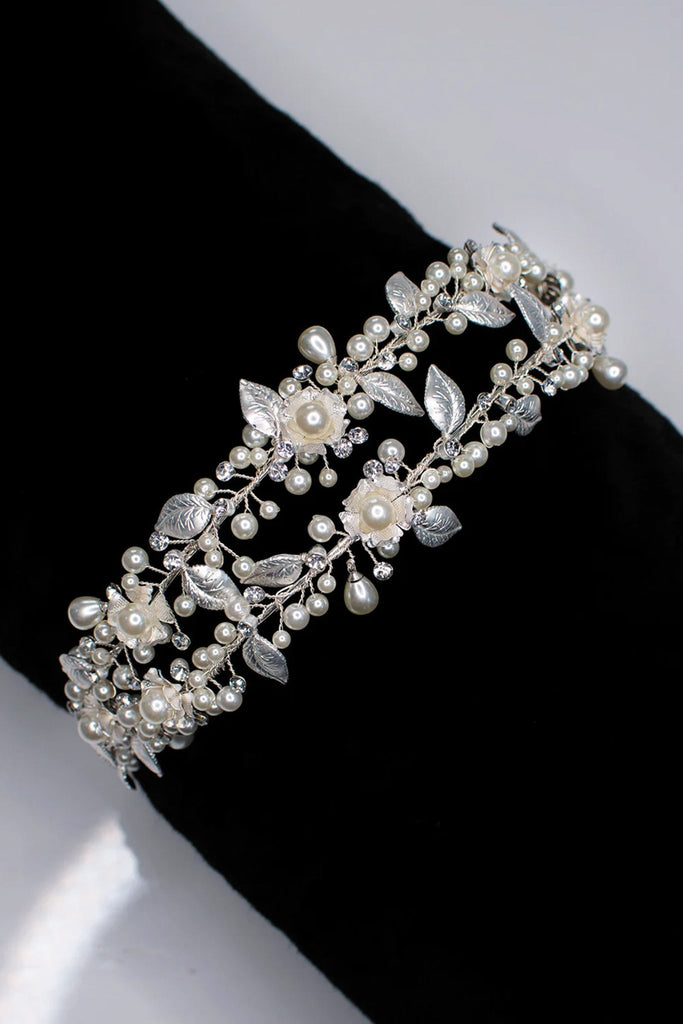Holly Double Row Pearl Bridal Headband - Silver