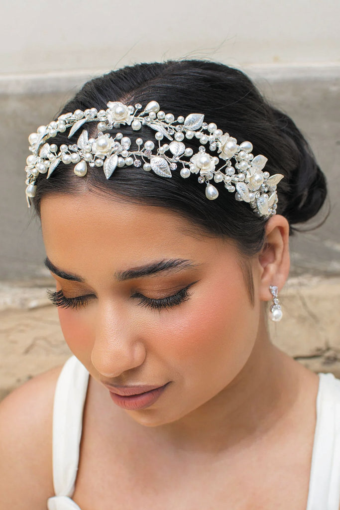 Holly Double Row Pearl Bridal Headband - Silver