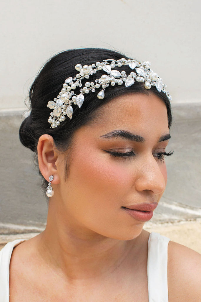 Holly Double Row Pearl Bridal Headband - Silver