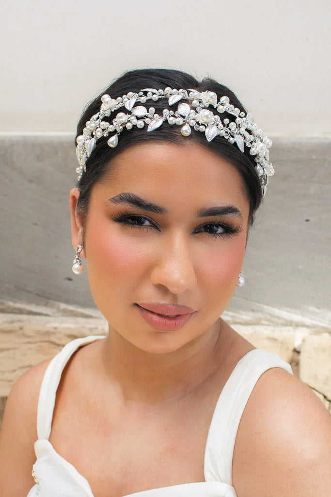 Holly Double Row Pearl Bridal Headband - Silver