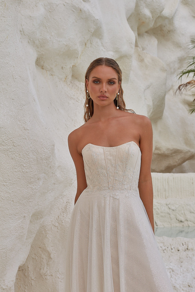 Indra Off-the-shoulder A-line Wedding Dress by Tania Olsen Designs