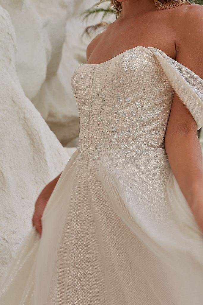 Indra Off-the-shoulder A-line Wedding Dress by Tania Olsen Designs