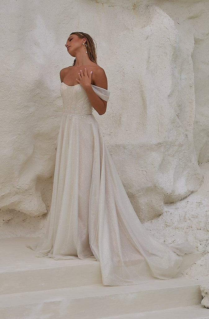 Indra Off-the-shoulder A-line Wedding Dress by Tania Olsen Designs