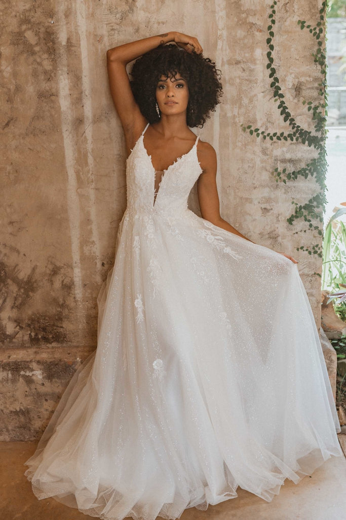 Jasper Plunging Glitter Tulle Wedding Dress – TC351