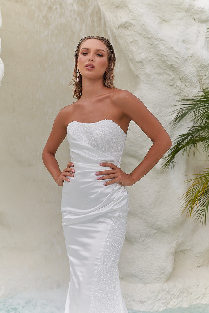 Jora Fitted Satin and Pearl Wedding Dress by Tania Olsen Designs