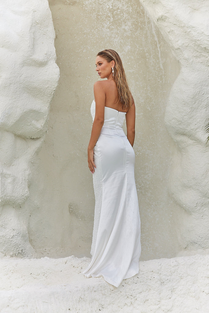 Jora Fitted Satin and Pearl Wedding Dress by Tania Olsen Designs