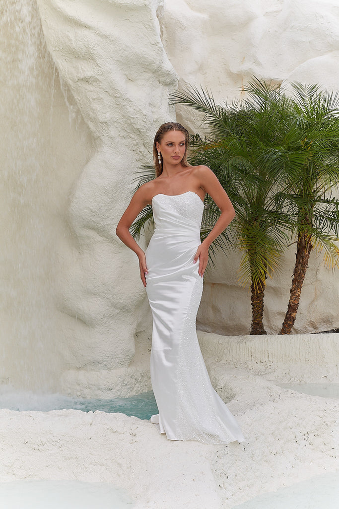 Jora Fitted Satin and Pearl Wedding Dress by Tania Olsen Designs