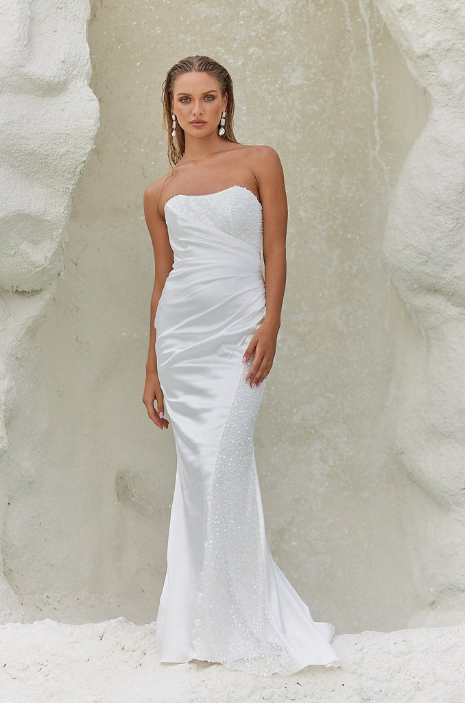 Jora Fitted Satin and Pearl Wedding Dress by Tania Olsen Designs