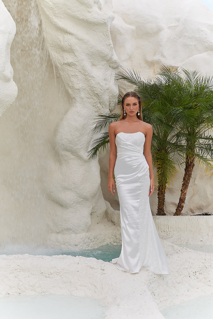 Jora Fitted Satin and Pearl Wedding Dress by Tania Olsen Designs