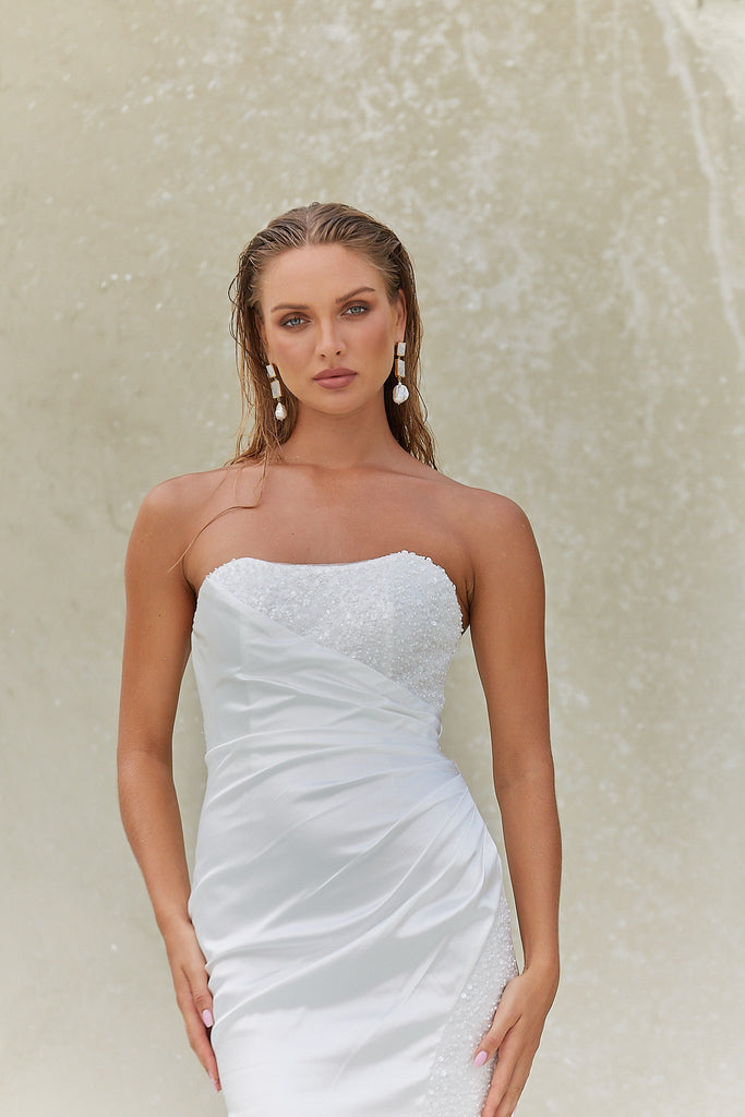 Jora Fitted Satin and Pearl Wedding Dress by Tania Olsen Designs