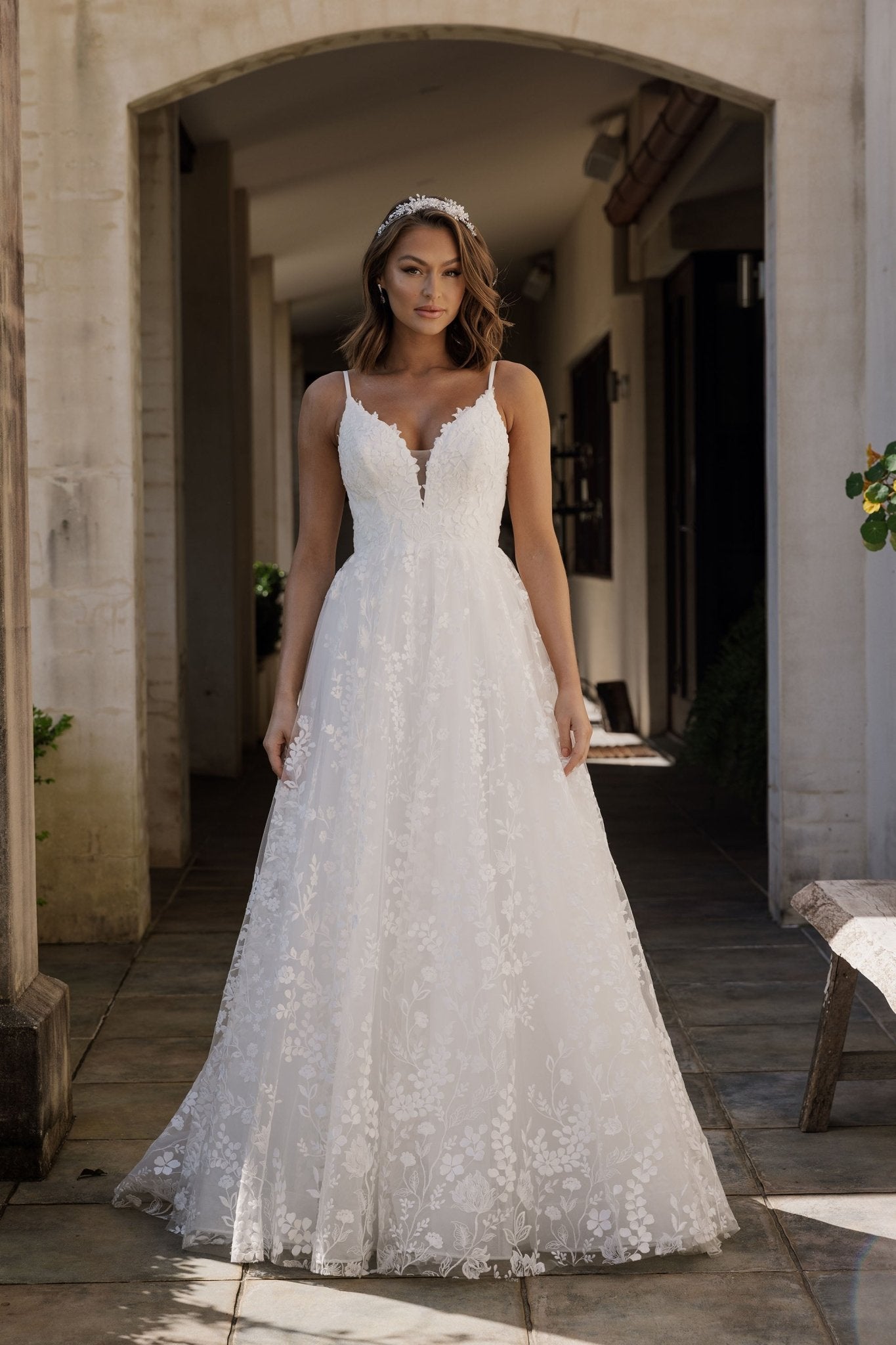Floral Lace & Tulle Off-shoulder Boho Wedding Dress - VQ