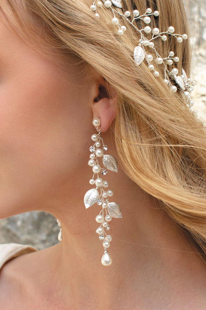 Juliet Crystal Pearl Vine Bridal Earrings - Silver