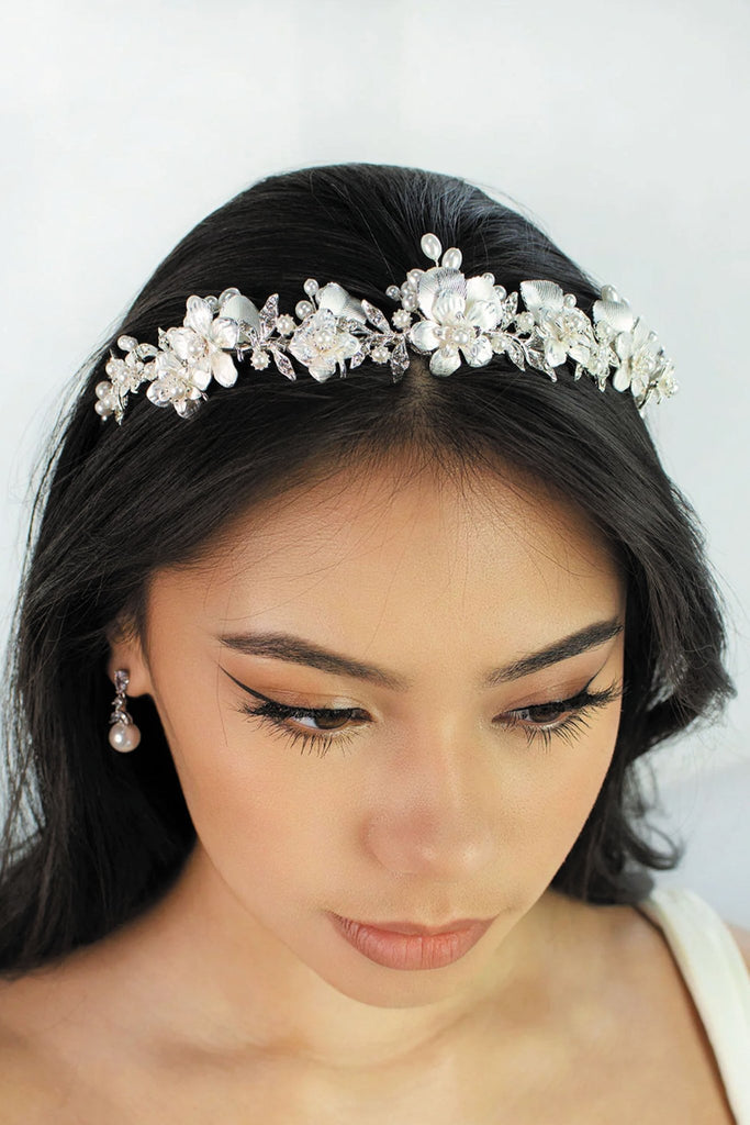 Louise Floral Crystal Wedding Tiara - Silver