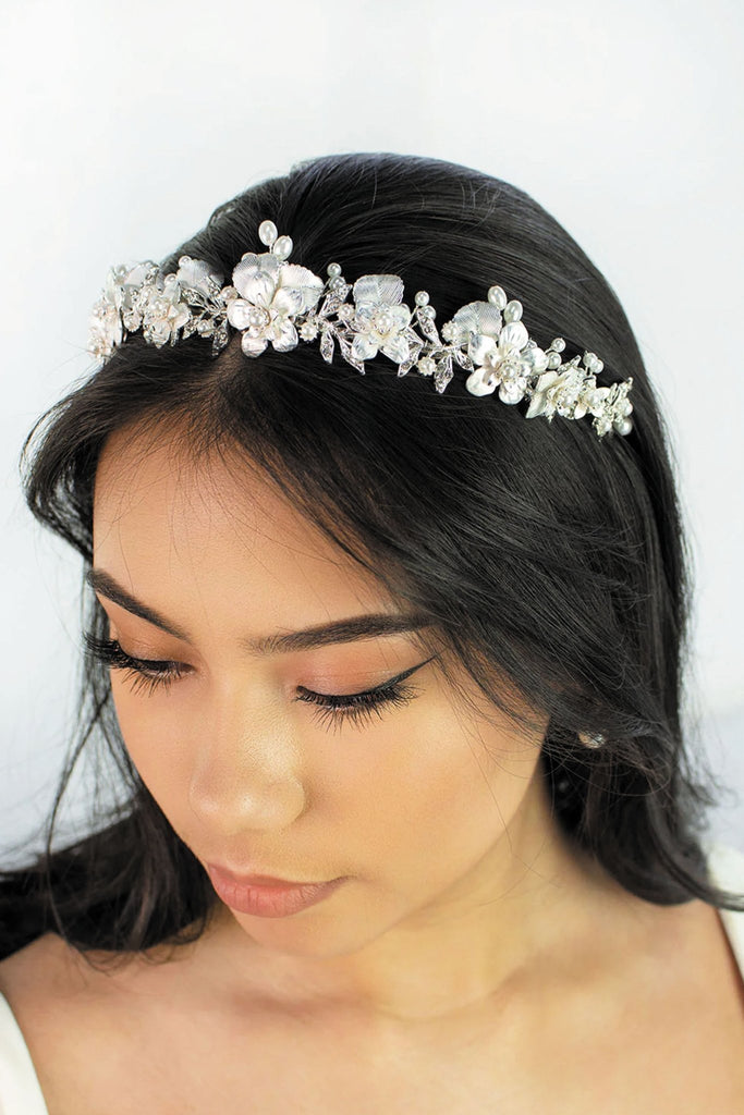 Louise Floral Crystal Wedding Tiara - Silver