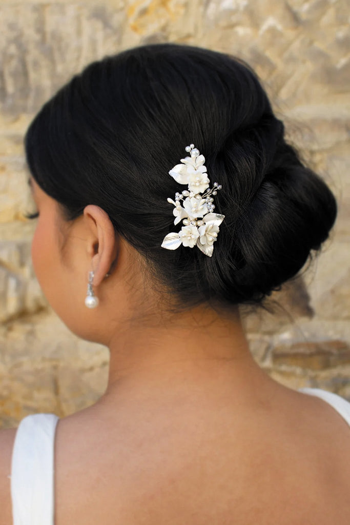 Marija Porcelain Flower Bridal Side Hair Clip - Silver