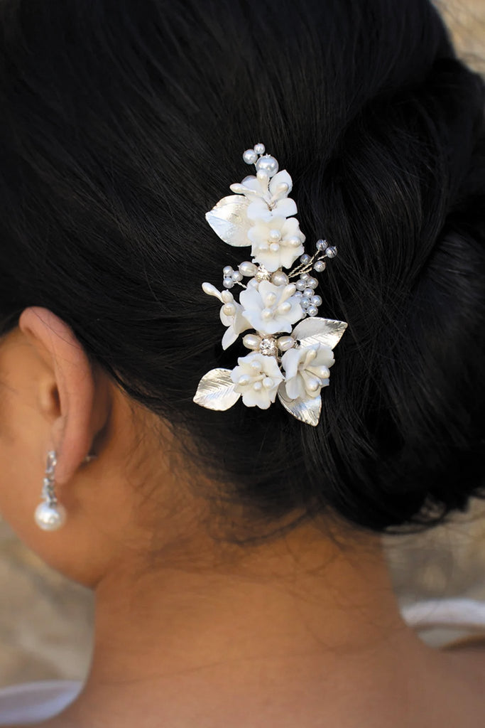 Marija Porcelain Flower Bridal Side Hair Clip - Silver