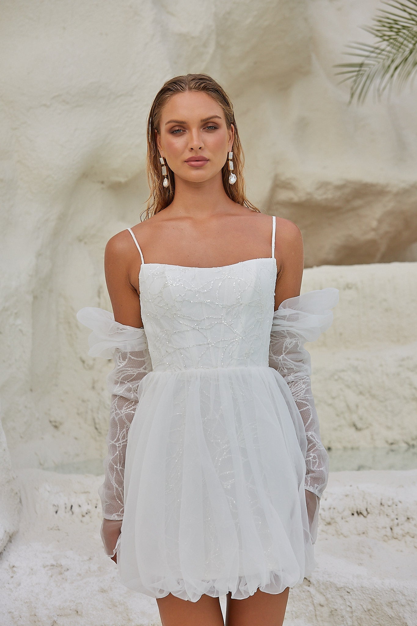short white dress with sheer overlay Sheer overlay bridal gown