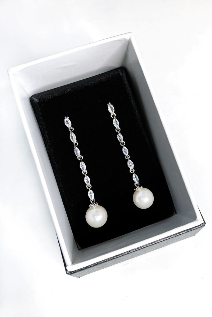 Miley Pearl and Crystal Long Drop Earrings - Silver