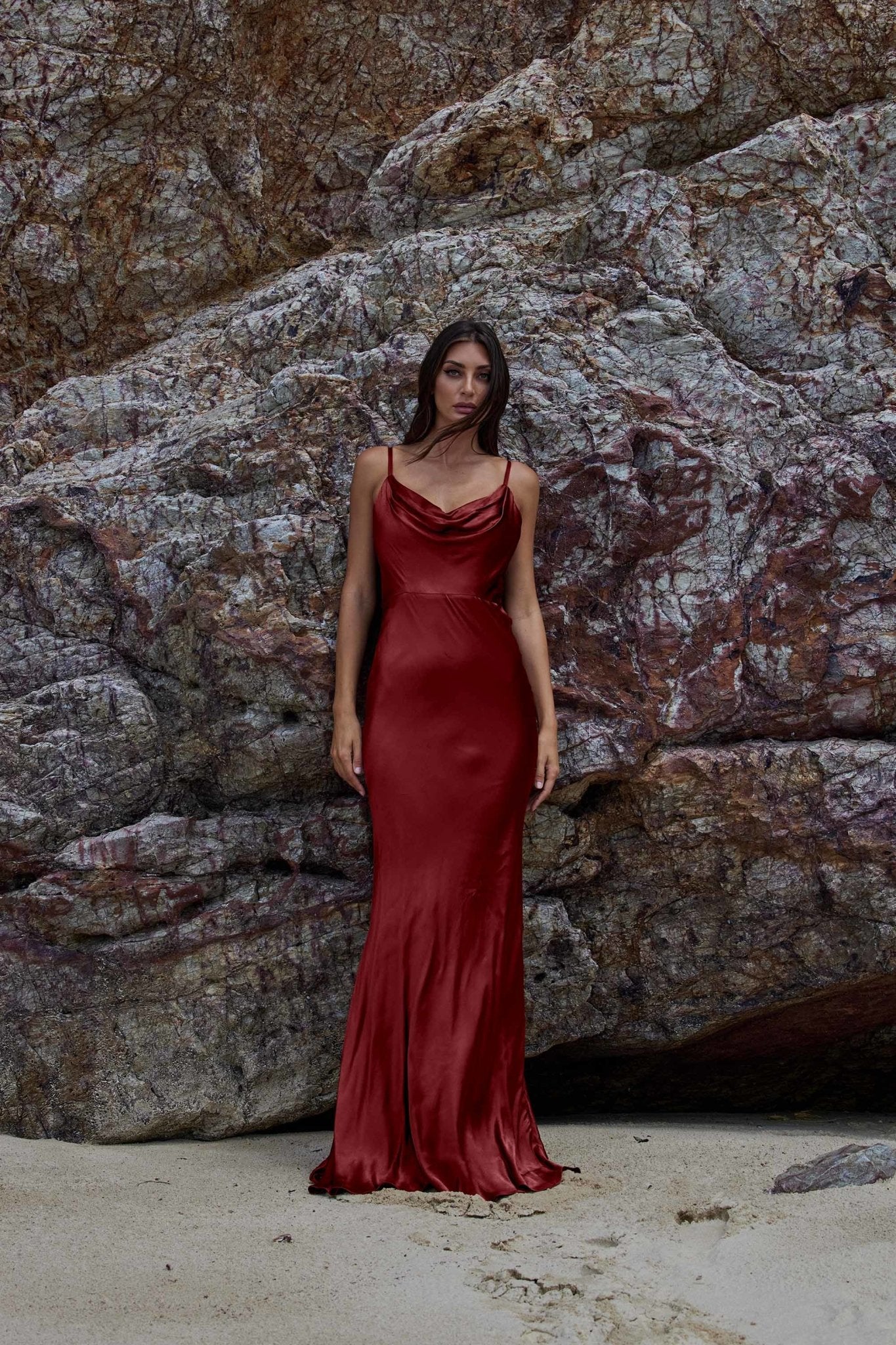 paprika bridesmaid dresses Azazie Kimber Available in Spice Misty Satin Cowl Bridesmaids Dress